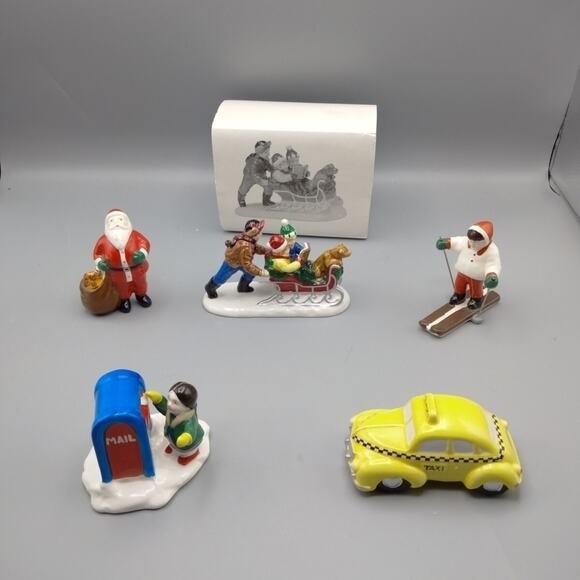 Dept 56 Snow Village Christmas Decorations Lot Santa Mailbox caroling taxi skier - Picture 1 of 8